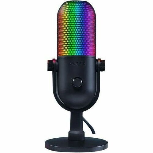 Wired condenser microphone with RGB rainbow grille, black body and desk stand