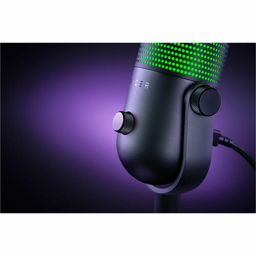 Wired condenser microphone angled view with RGB LED ring, black casing and knobs