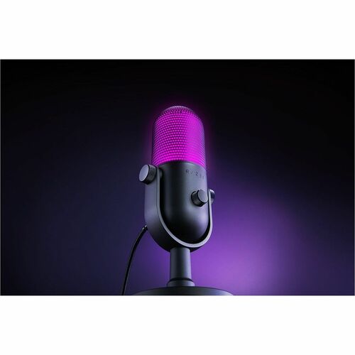 Wired condenser microphone front view with purple RGB grille and round side buttons