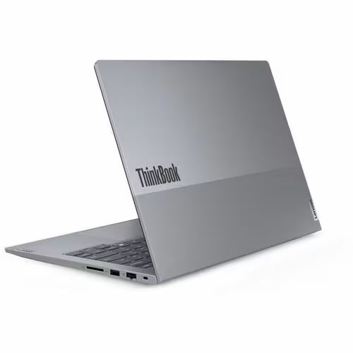 Gray Lenovo ThinkBook 14 laptop with ThinkBook logo on closed lid
