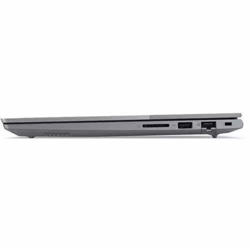 Gray Lenovo ThinkBook 14 laptop side view with ports and vented edge