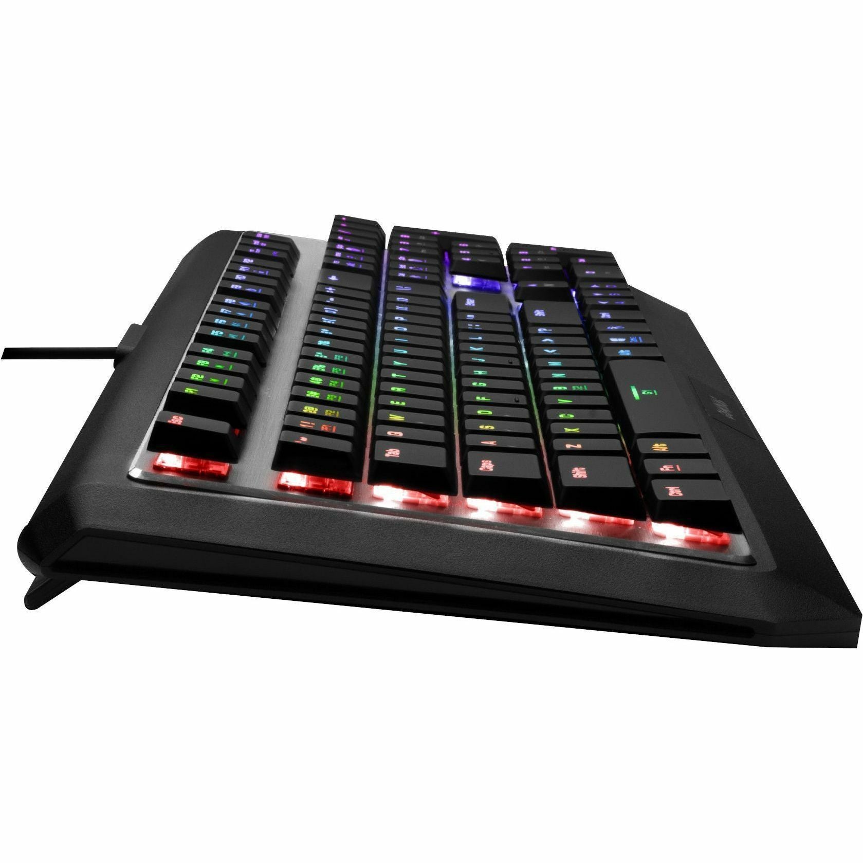 GAMDIAS HERMES P3 gaming keyboard low-angle view, RGB backlight on keys