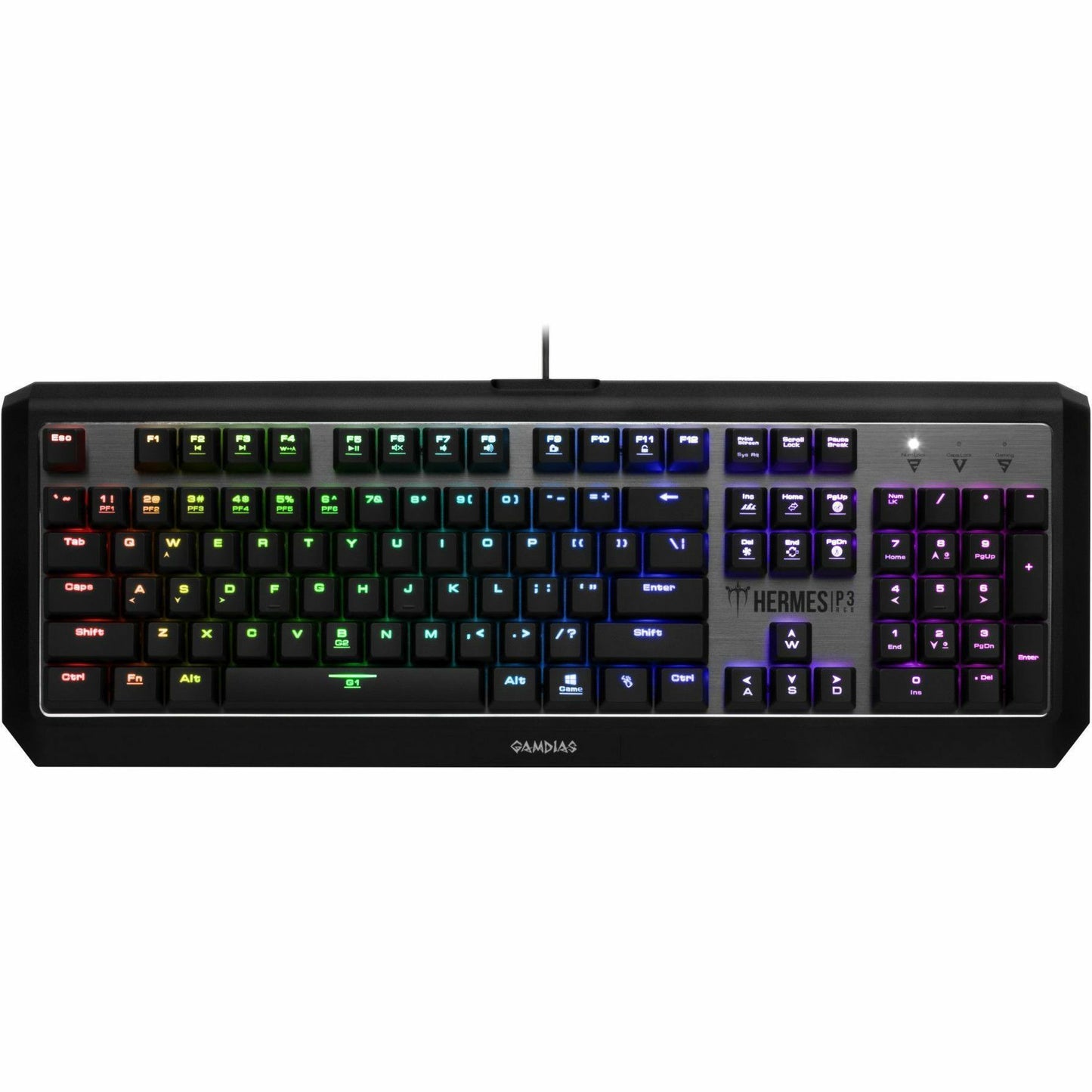 GAMDIAS HERMES P3 gaming keyboard front view, RGB keys and logo