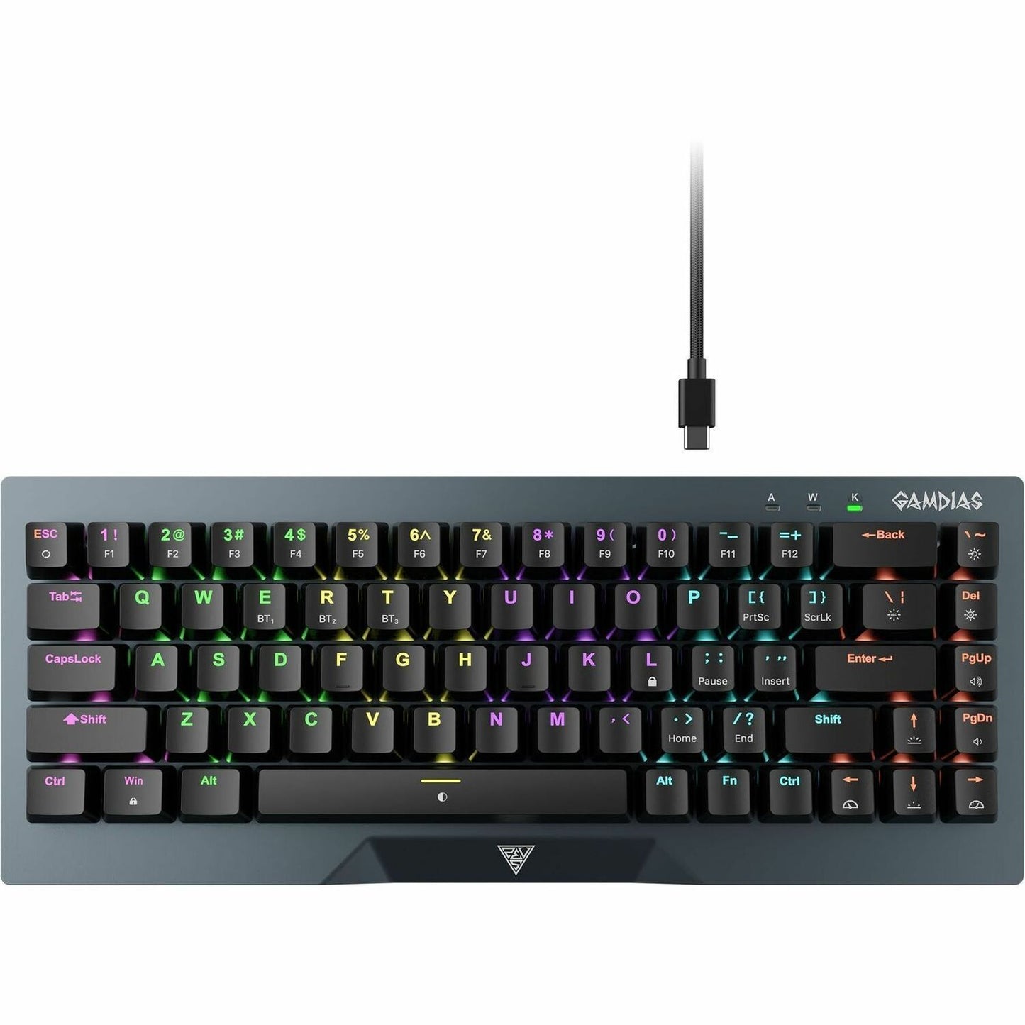 Gaming keyboard with RGB backlit keys and black keycaps, full-size layout