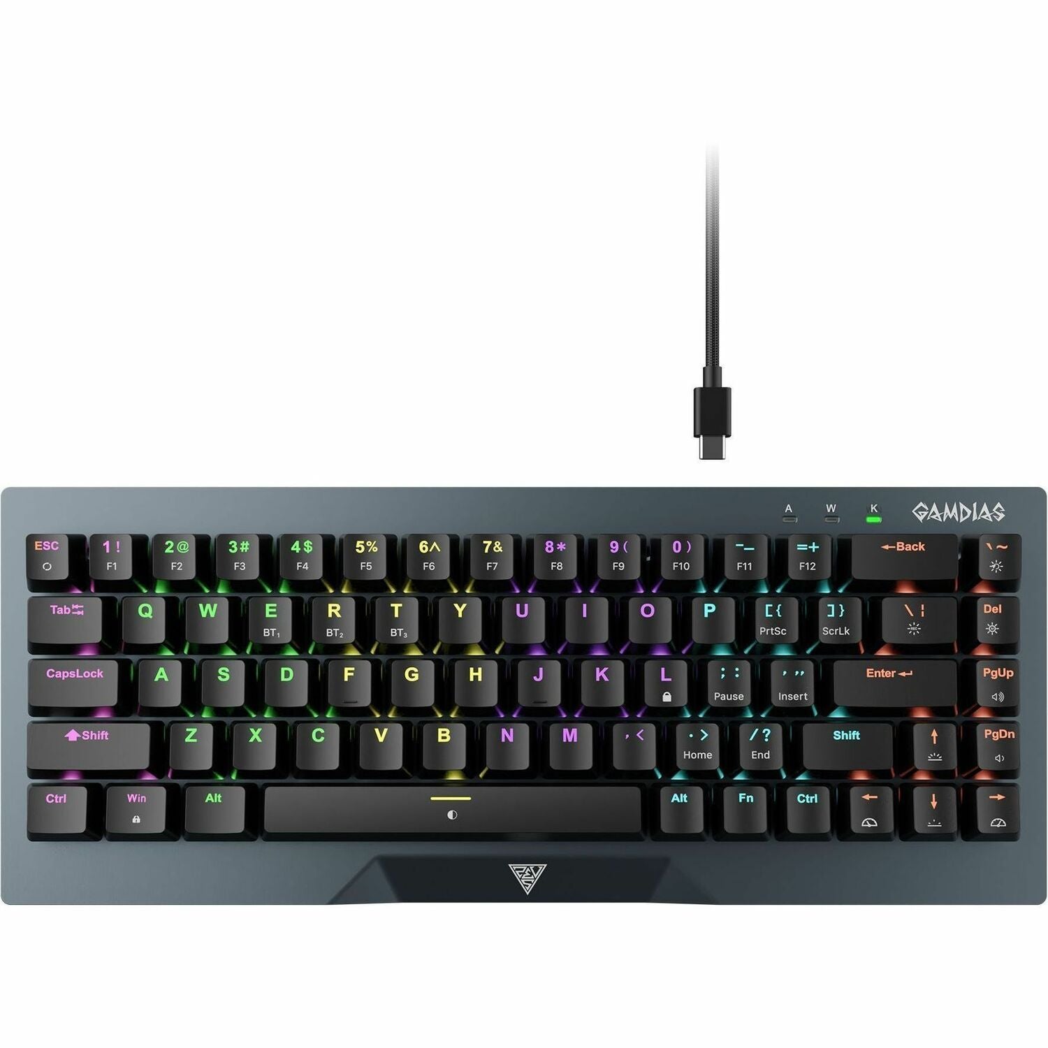 Gaming keyboard with RGB backlit keys and black keycaps, full-size layout