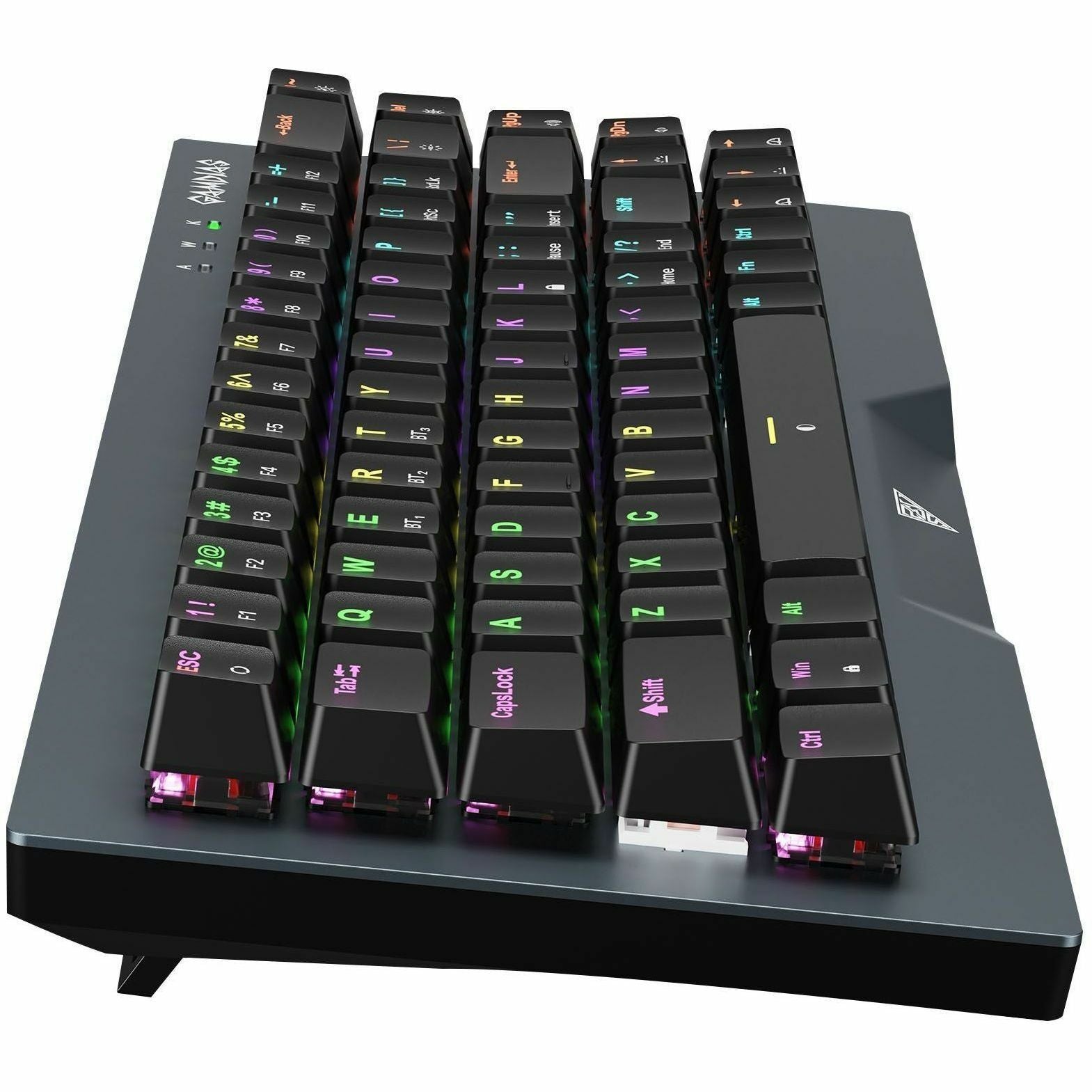 Gaming keyboard with RGB backlit keys and black keycaps, angled top view