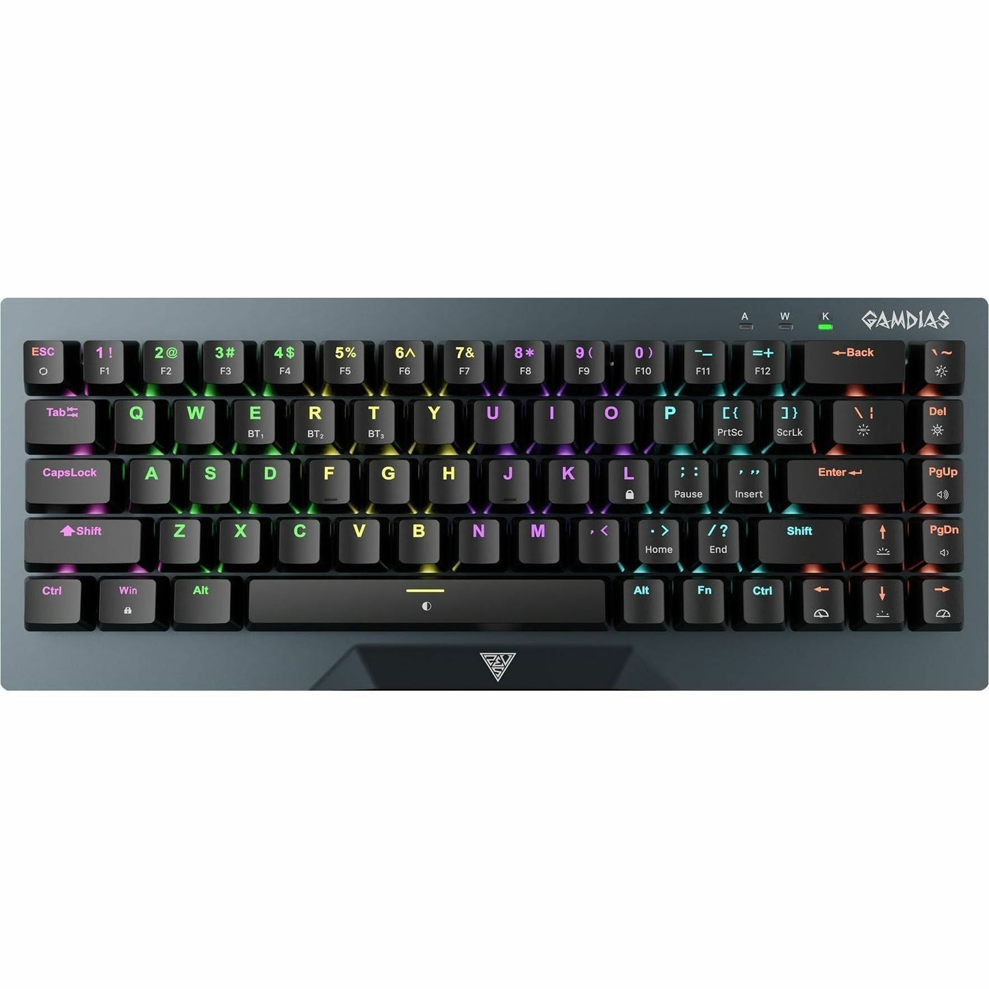 Gaming keyboard with RGB backlit keys and black keycaps, full front view