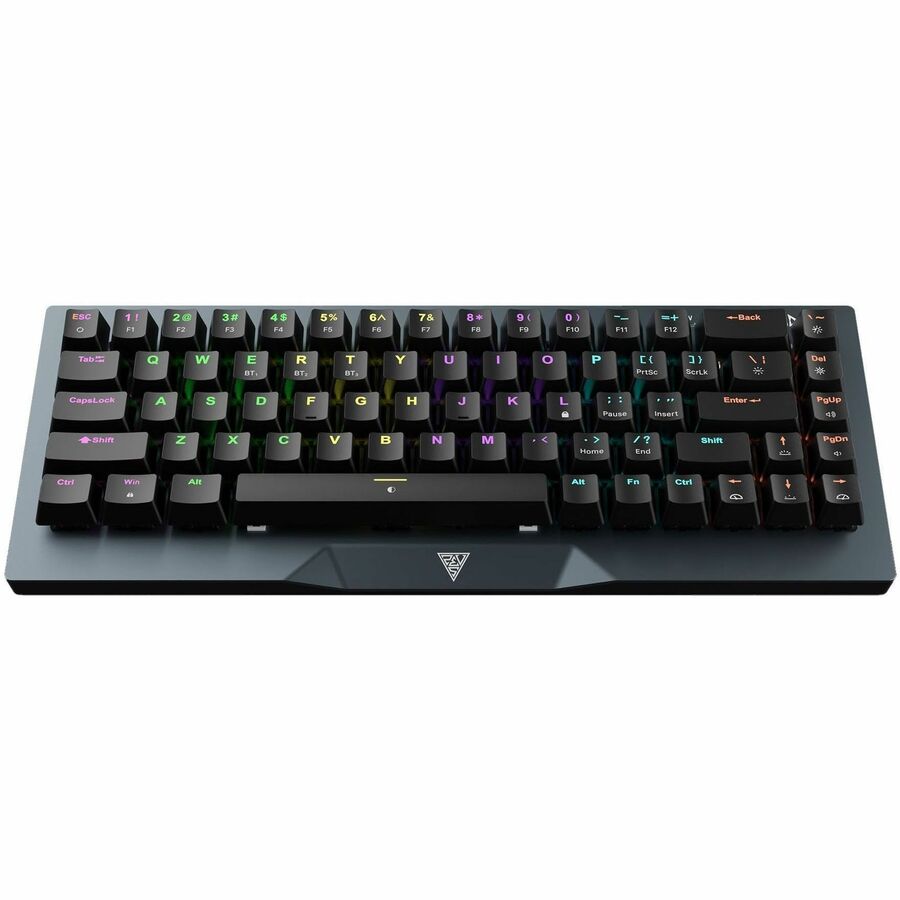 Gaming keyboard with RGB backlit keys and black keycaps, front-right angle