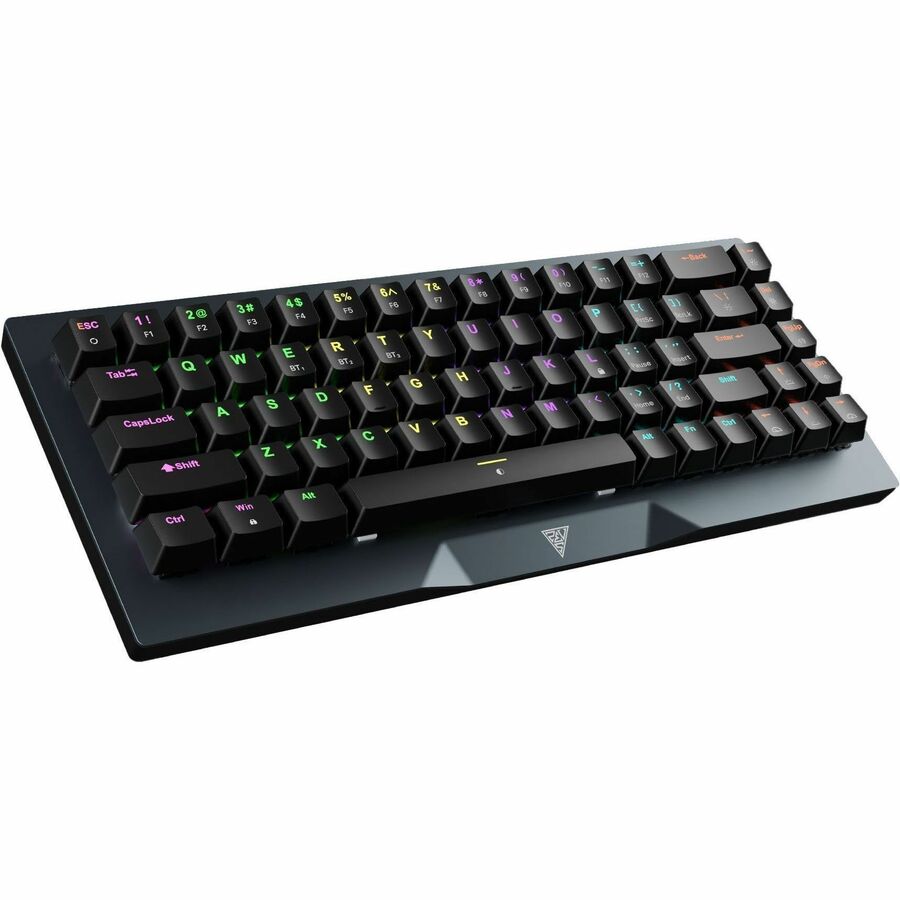 Gaming keyboard with RGB backlit keys and black keycaps, diagonal top view