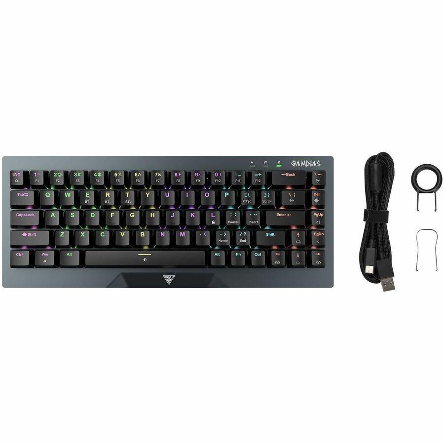 Gaming keyboard with RGB backlit keys, bundled USB cable and small accessory clips