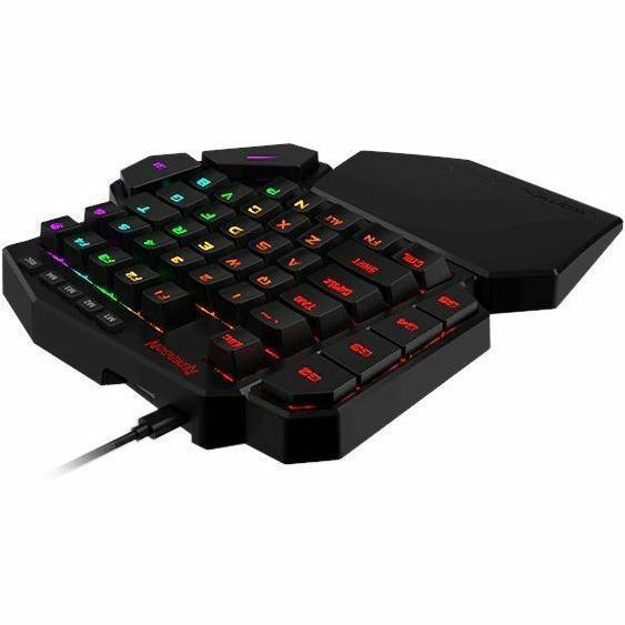 Redragon Diti gaming keyboard, angled view with RGB keys and black wrist rest