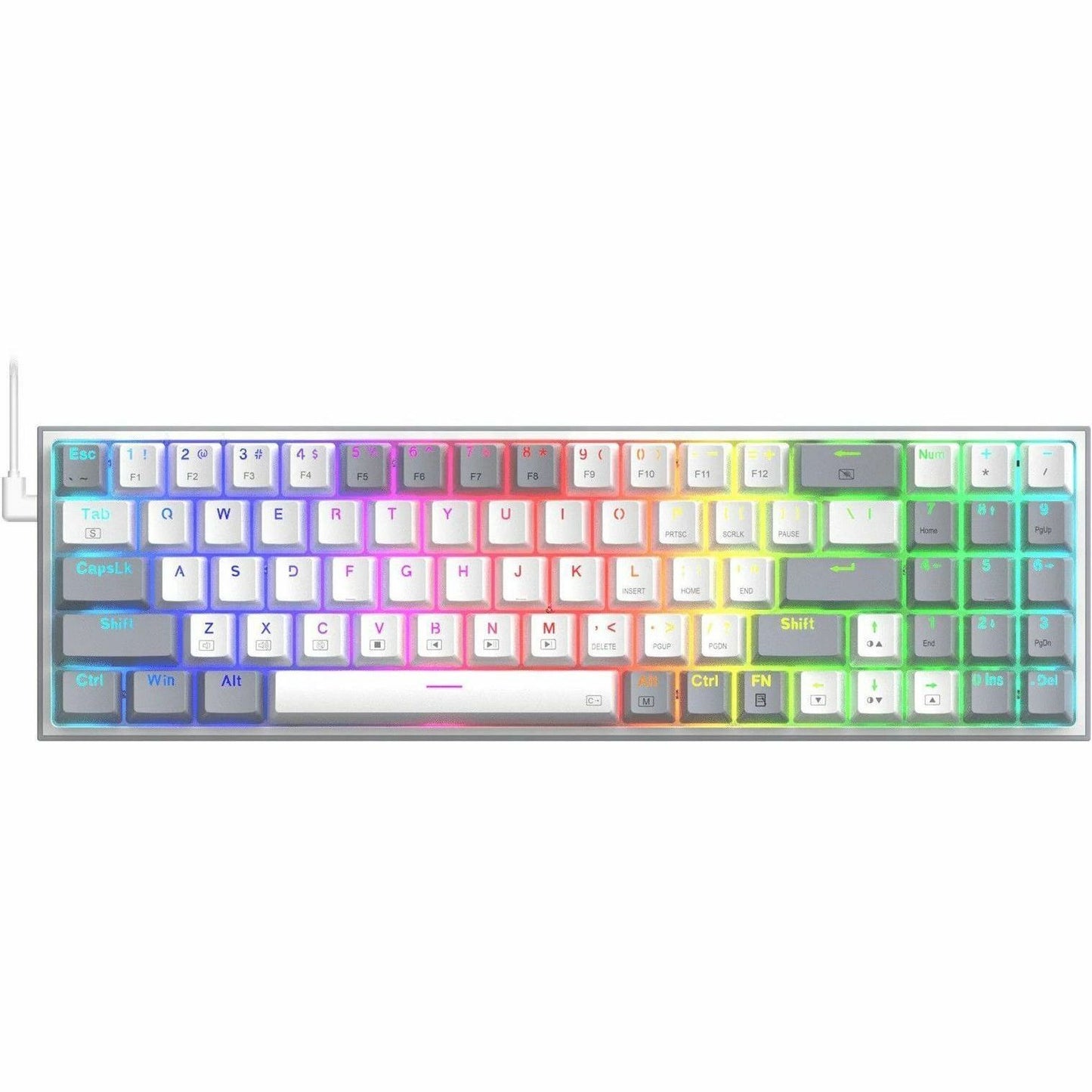 Redragon K628 gaming keyboard with white keycaps and rainbow RGB border lights