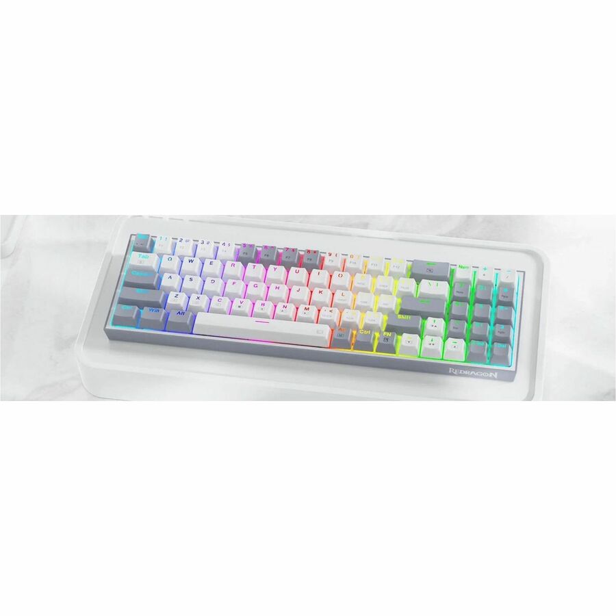 Gaming keyboard with white keycaps and multicolor RGB lighting on gray base