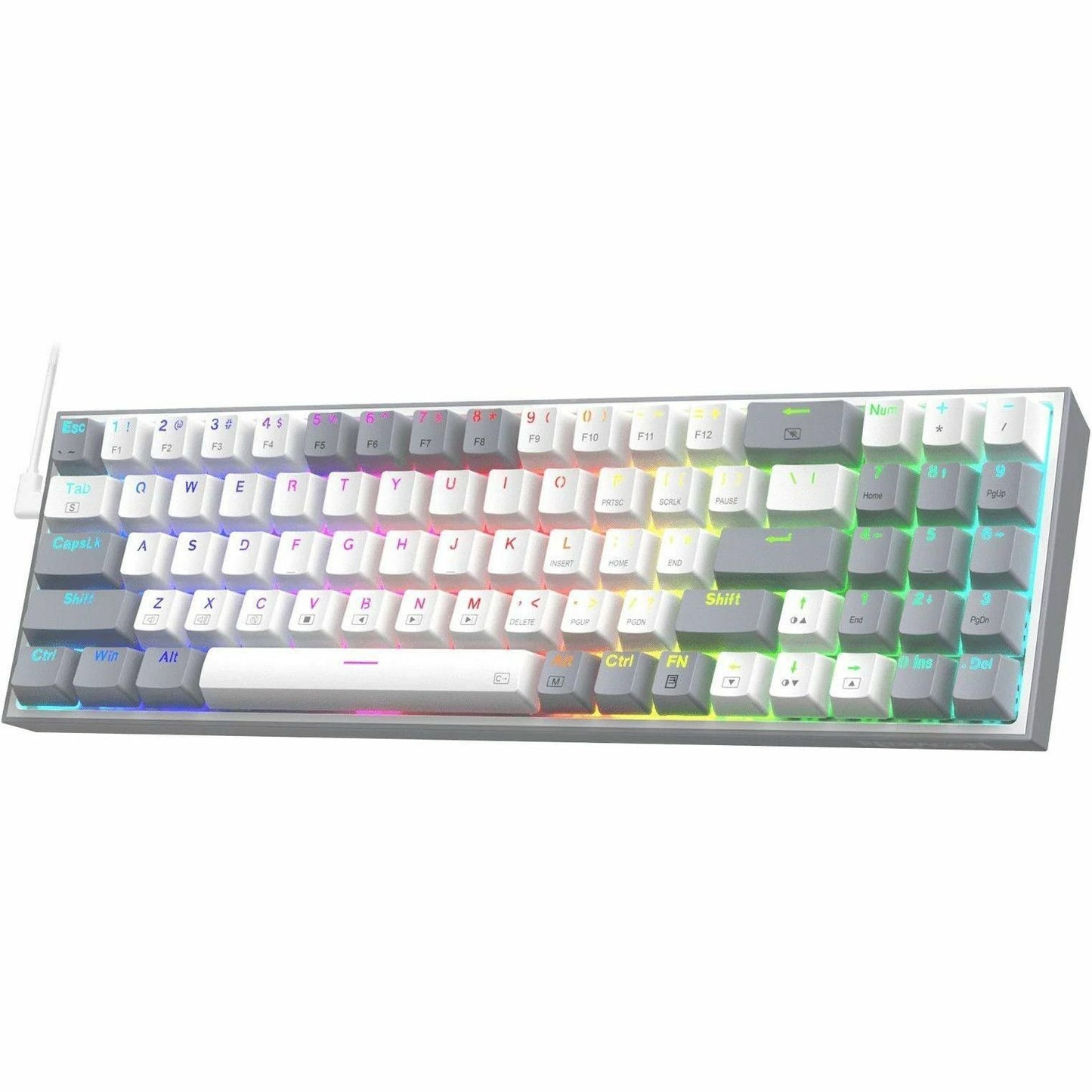 Full-size Redragon K628 gaming keyboard with white keycaps and RGB lighting