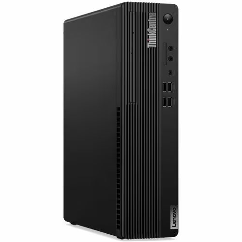 Black desktop PC tower with vertical vent grille and Lenovo logo