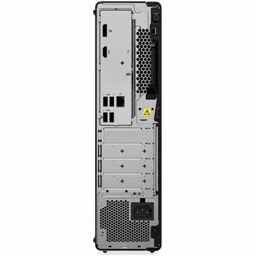 Open black desktop PC tower interior with expansion bays and fan grille