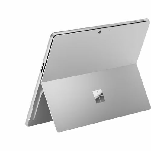 2-in-1 tablet computer back view with kickstand and Windows logo, silver