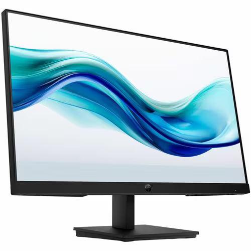 Black LCD monitor with blue wave display and thin bezel, on stand