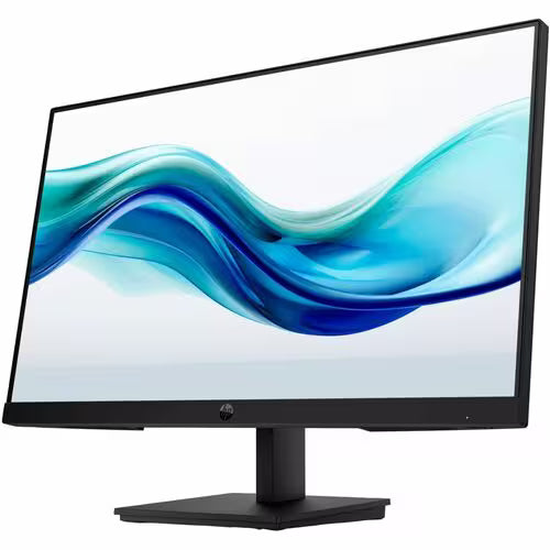 Black LCD monitor front view with blue wave screen and central pedestal stand