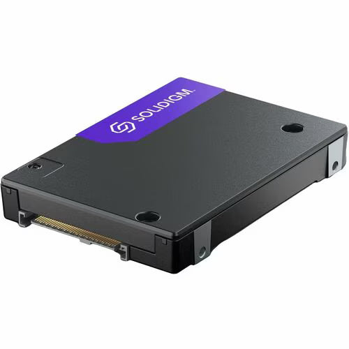 Enterprise U.2 NVMe SSD, dark gray top with purple Solidigm logo and edge connector