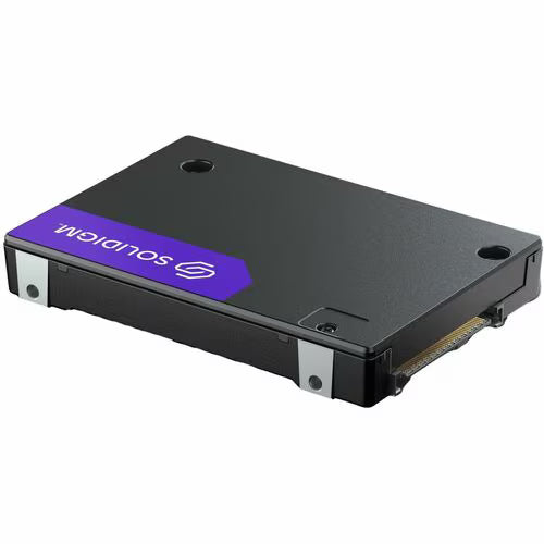 Enterprise U.2 NVMe SSD, angled view with dark housing and purple Solidigm label