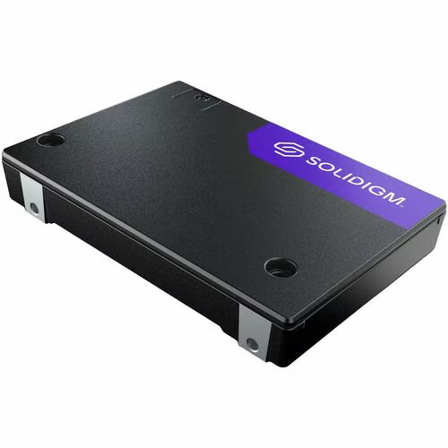 Enterprise U.2 NVMe SSD, dark gray casing with purple Solidigm stripe and mounting cutouts