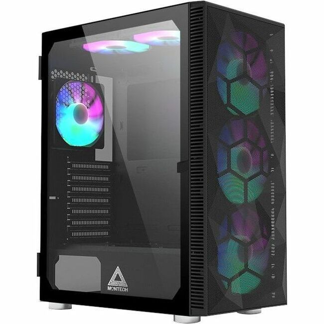 Black gaming computer case with tempered-glass side panel and RGB front fan glow