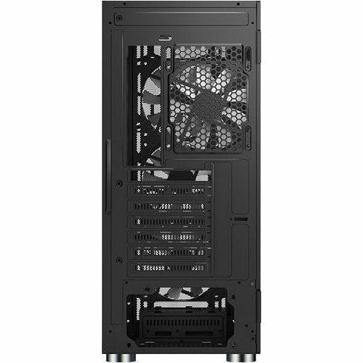 Open black gaming computer case rear interior with cable management cutouts