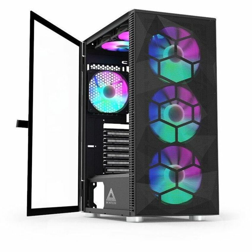 Open black gaming computer case showing RGB fans behind transparent side panel
