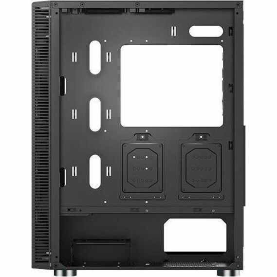 Black computer case back panel frame with fan mounting slots and blank openings