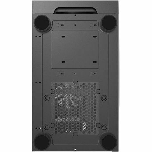Black computer case underside base tray with mounting holes and fan bracket openings