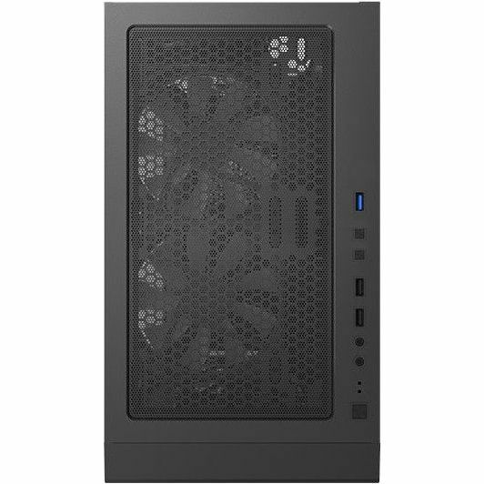 Black computer case front mesh panel with small status buttons and I/O ports