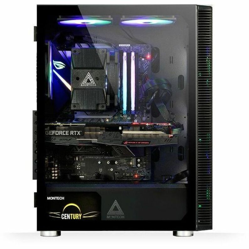 Black gaming computer case interior view with RGB fans and illuminated graphics cards