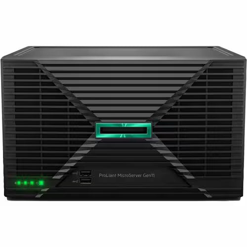 MicroServer Gen11 server, dark front panel with green status display and LEDs