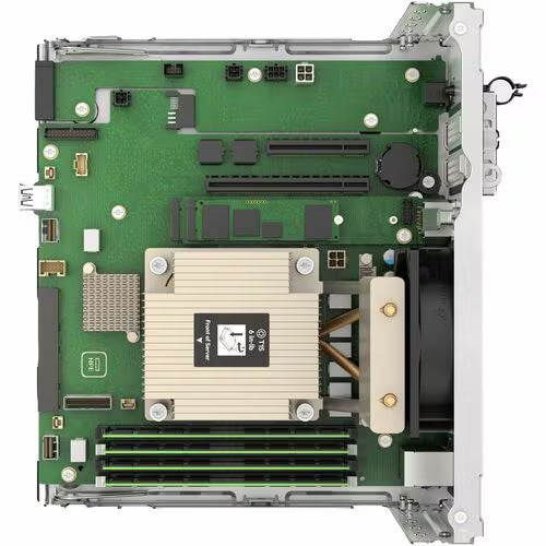 MicroServer Gen11 server interior motherboard with green PCB and memory slots