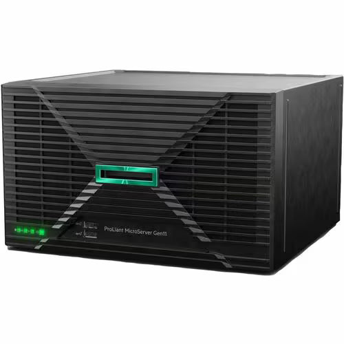 MicroServer Gen11 server, front view with green status display and indicator LEDs