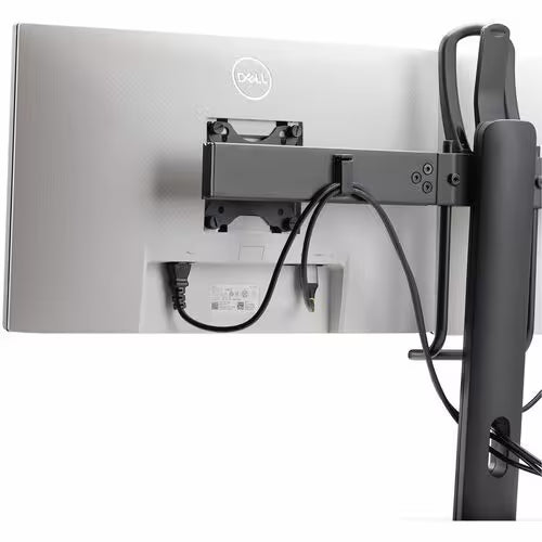 Black dual monitor desk stand bracket with cable connections and VESA mounting plate