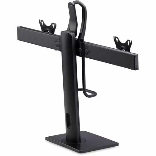 Black dual monitor desk stand with crossbar support and two VESA mounting arms