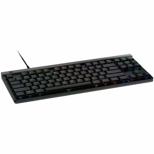 TKL gaming keyboard side angle with black keycaps and RGB-lit lettering