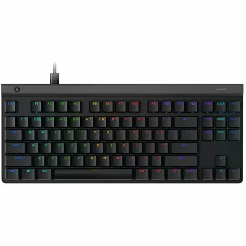 TKL gaming keyboard with black keys and RGB backlighting, visible function row