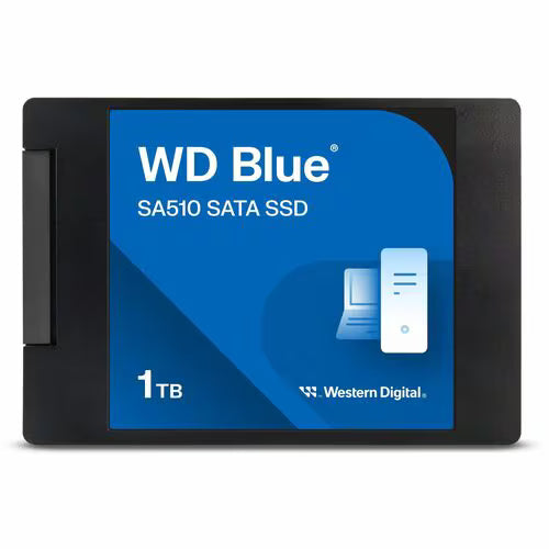 WD Blue SA510 2.5-inch SATA SSD, black drive with blue label, 1TB capacity
