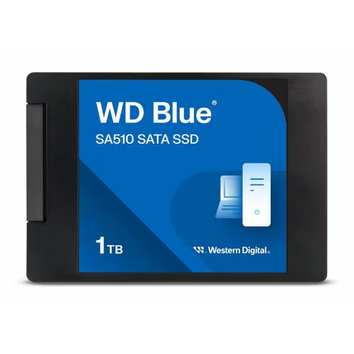 WD Blue SA510 2.5-inch SATA SSD, front view black casing with blue 1TB panel