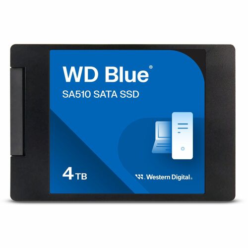 WD Blue SA510 SATA III SSD, 4TB, front face on black 2.5-inch case