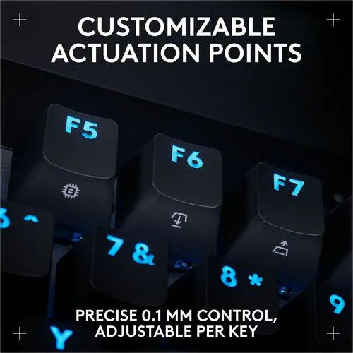 Gaming keyboard keys close-up with blue RGB backlight on function-row caps