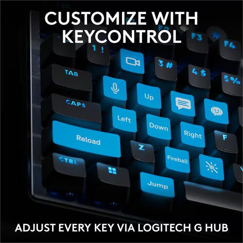 Gaming keyboard keys close-up with blue backlighting and labeled key caps