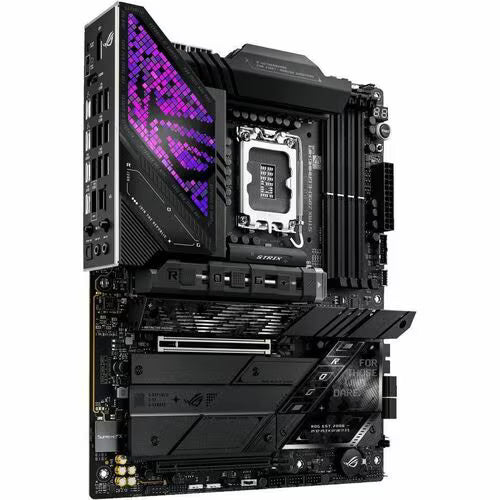 Gaming motherboard angled view with purple LED, CPU socket, and rear I/O ports