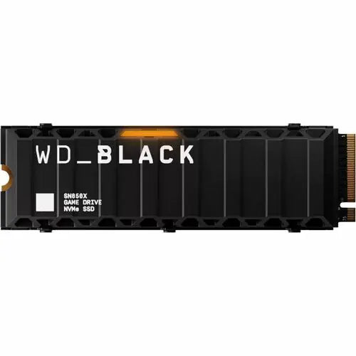 WD_BLACK NVMe SSD with black heatsink, WD_BLACK text, exposed gold pins