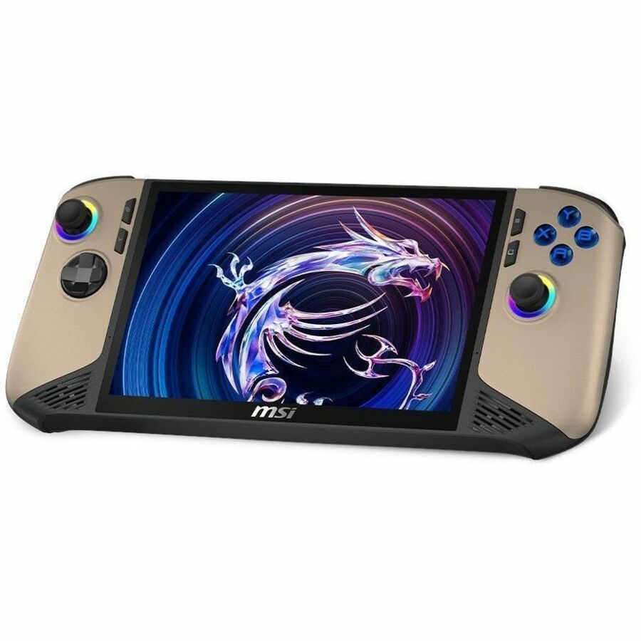 Beige MSI gaming handheld with touchscreen and colorful dragon game display