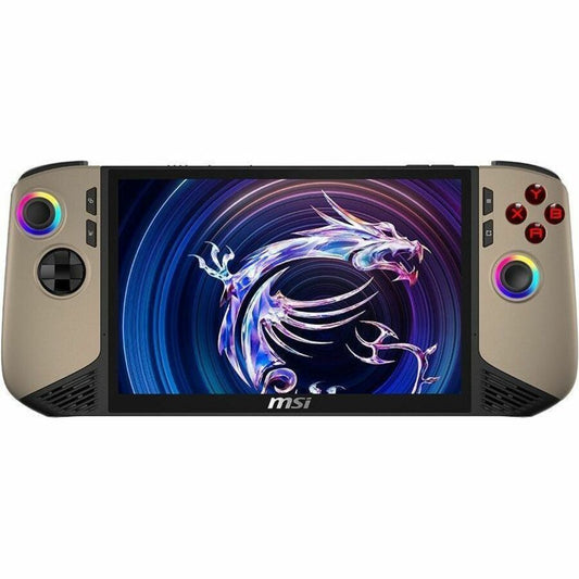 Beige MSI gaming handheld with touchscreen and side buttons, dragon game display