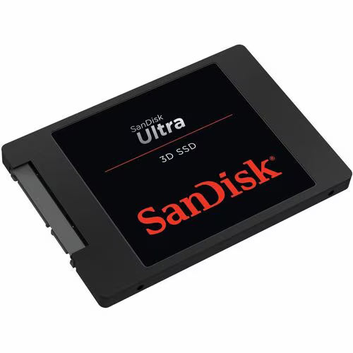 Black 2.5-inch SATA SSD with SanDisk Ultra 3D SSD branding, top angled view